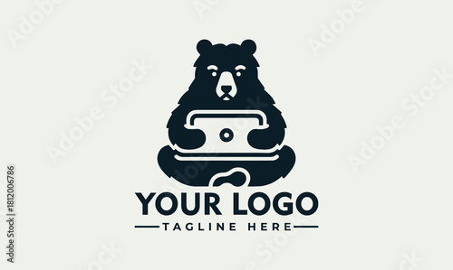 Vector bear logo design with a laptop, ideal for tech businesses, creative studios, and online platforms. 