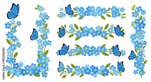 Watercolor flowers and butterfly vector design elements 