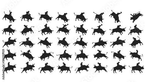 Dynamic collection of rodeo rider silhouettes in action, perfect for capturing the spirit of the Wild West and exciting sporting events in your projects, originally created as scalable vector art