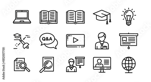 Pixelated line art icon set for online education, e-learning, and webinars.