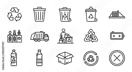 Recycling Icons Set - Bins, Bottles, Truck, Battery, and Symbols.