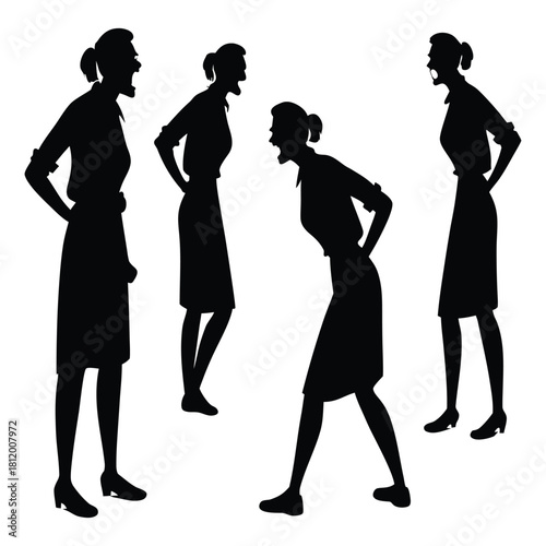 Expressive female silhouettes in black on white, showing anger, confrontation, and emotional intensity