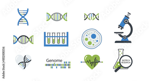 Science and Medicine Icons - DNA, Test Tubes, Microscope, Cell, Genome, Heart.