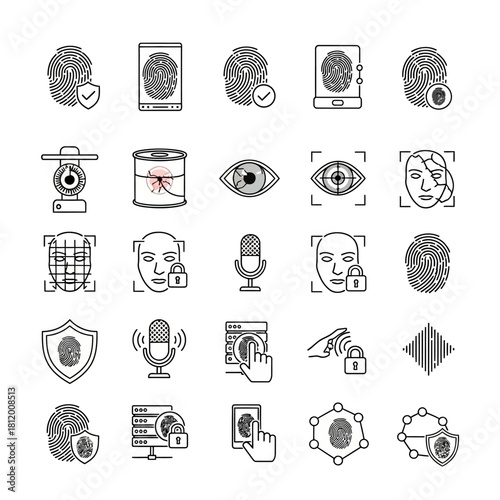 Security Icons - Fingerprint, Face Scan, Eye Scan, and Data Protection Symbols.
