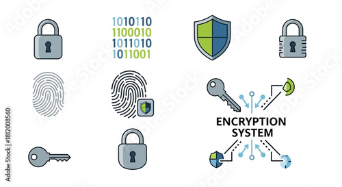 Security Icons - Padlocks, Shield, Fingerprint, Key, Binary Code, Encryption System.