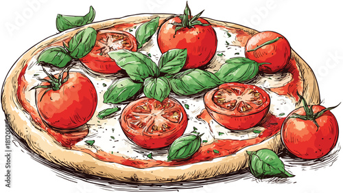 Delicious Pizza with Fresh Tomatoes and Basil - Vector Illustration