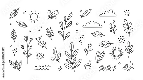 Nature's Artistic Ensemble: A collection of meticulously drawn leaves, delicate stems, sun and cloud forming an exquisite arrangement, bringing an touch of nature's elegance