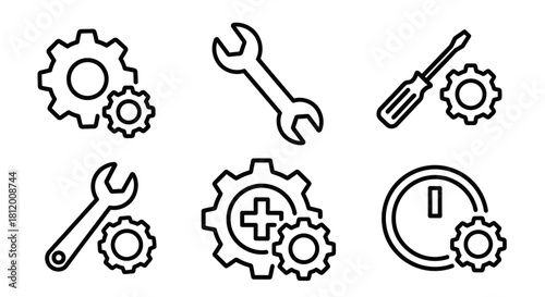 Set of Black and White Engineering Icons Depicting Tools and Gears.