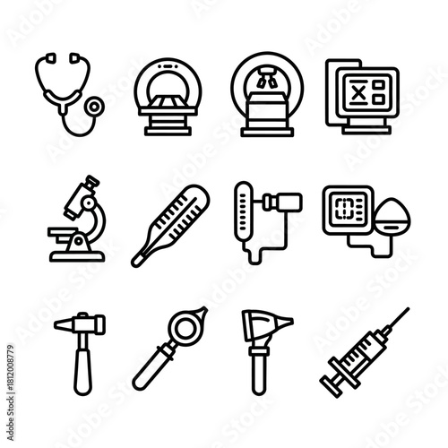 Set of black line art icons depicting medical diagnostic tools and hospital equipment.