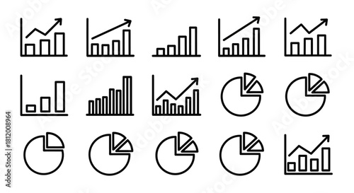 Set of black outline business chart icons, including bar graphs, line graphs, and pie charts for data visualization.