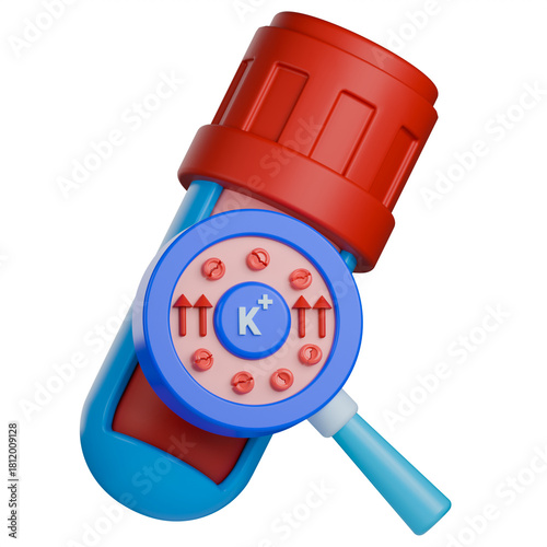 3D medical illustration of hemolysis blood sample with false high potassium. Hemolysis of red blood cells releases potassium ions, causing a false elevation of potassium levels in the test tube.