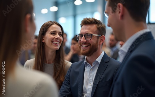 Close up picture of a happy and laughing staff or participant people group listening to a startup business owner at a trade show exhibition event. Generative AI. High quality