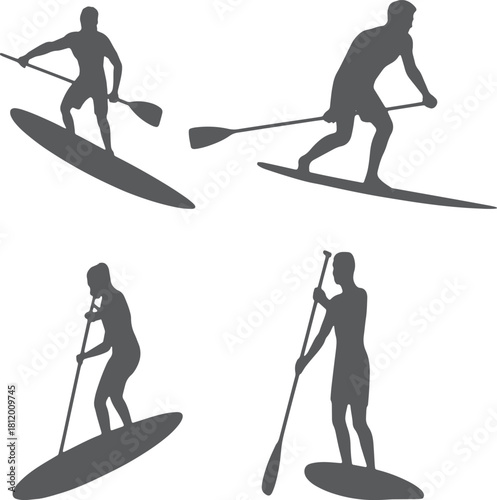 Stand up paddleboarding silhouettes vector collection showcasing various poses and activities