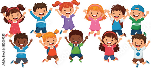 Large group of happy diverse children jumping for joy, cute cartoon vector illustration of excited kids playing together, smiling boys and girls celebrating success
