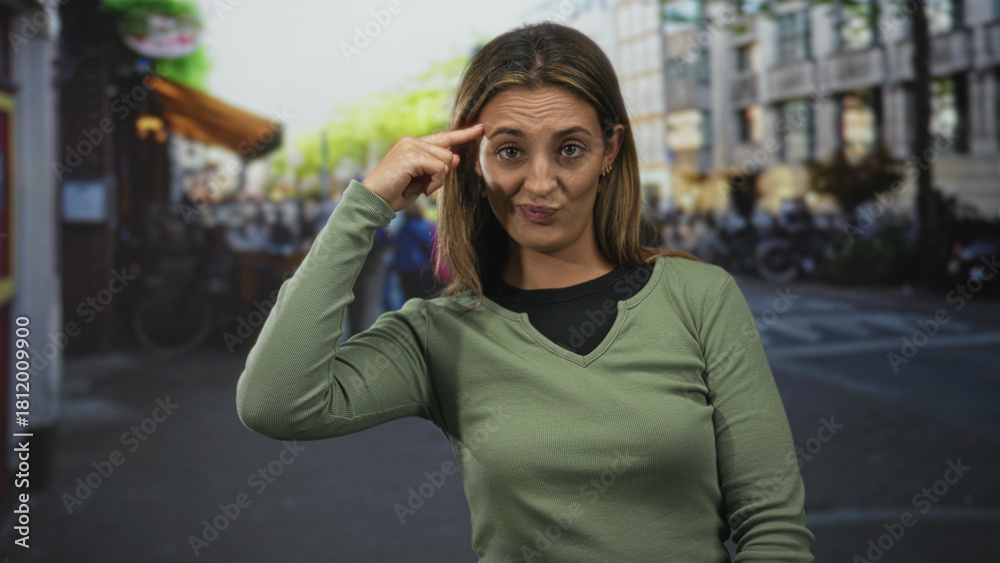 Fototapeta premium Woman with finger to temple and raised hand in green top standing on a busy city street near cafe and parked bicycles; skepticism.
