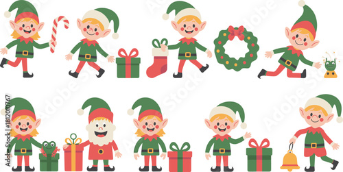 Collection of cute cartoon Christmas elves holding gifts, candy canes, wreaths, and bells in festive holiday illustration style