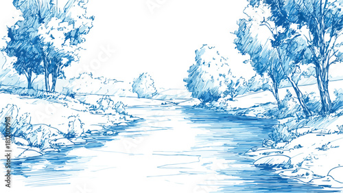 Serene River with Trees and Clear Water Vector Illustration