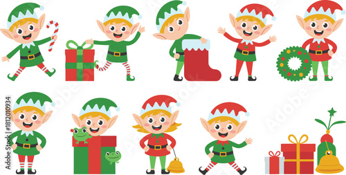 Collection of cute cartoon Christmas elves holding gifts, candy canes, wreaths, and bells in festive holiday illustration style