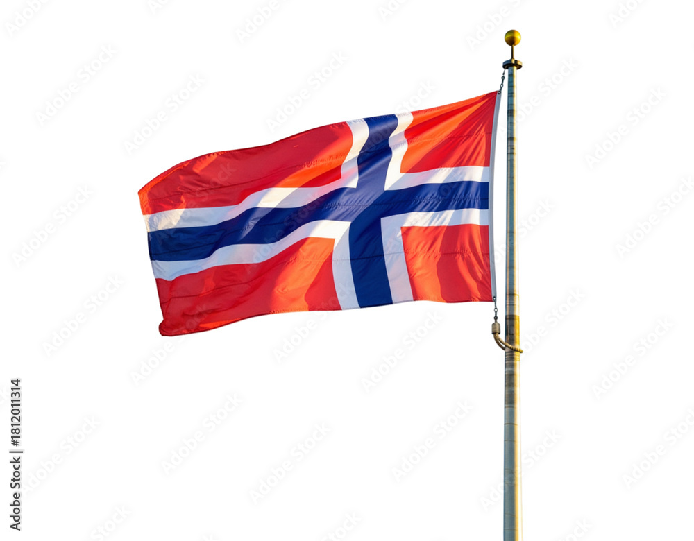 Obraz premium Norwegian flag waving proudly on a flagpole isolated on transparent background, symbol of norway