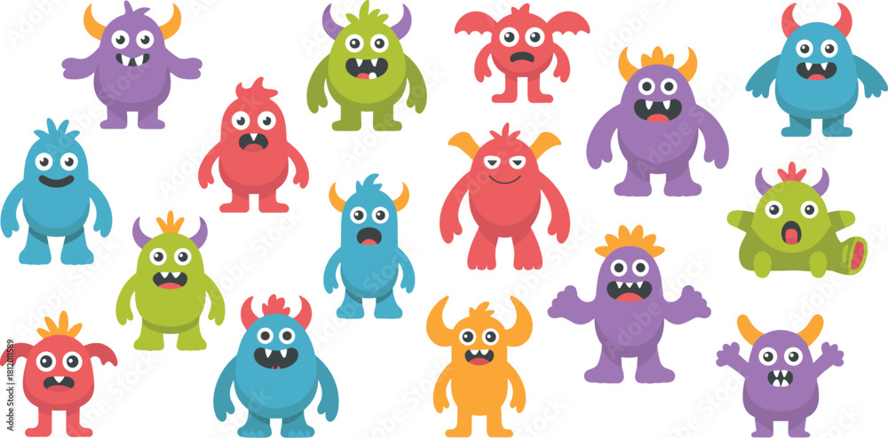 Naklejka premium Collection of cute cartoon monsters in different colors and shapes, funny creature characters for children, playful fantasy illustration set