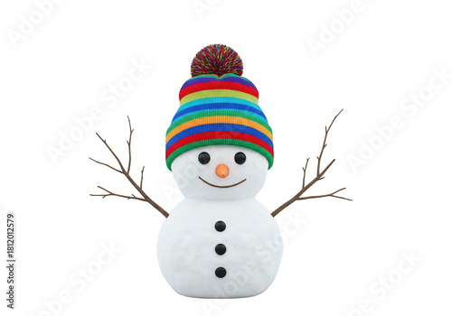 Delightful Snowman with Colorful Hat and Twig Arms on Transparent Background