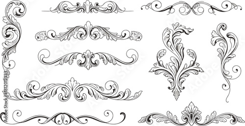 Collection of ornate vintage baroque floral elements and decorative borders in elegant line art style for classic design projects