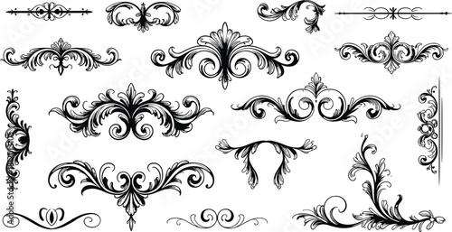 Collection of ornate vintage baroque floral elements and decorative borders in elegant line art style for classic design projects