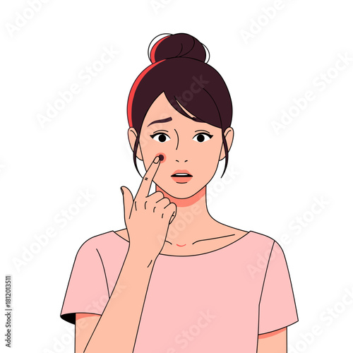 Young woman examining skin mole on her face with concerned expression  