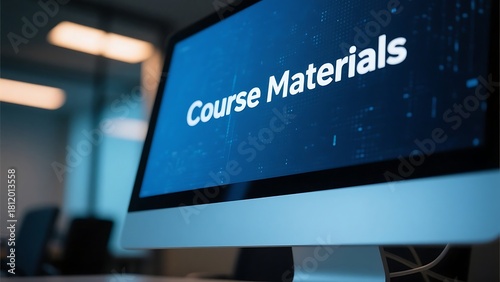 Computer screen displaying course materials in a modern office environment with soft lighting