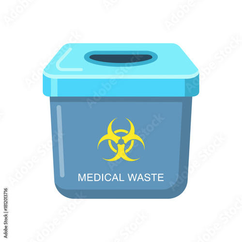 Medical waste disposal box with biohazard symbol in blue color  