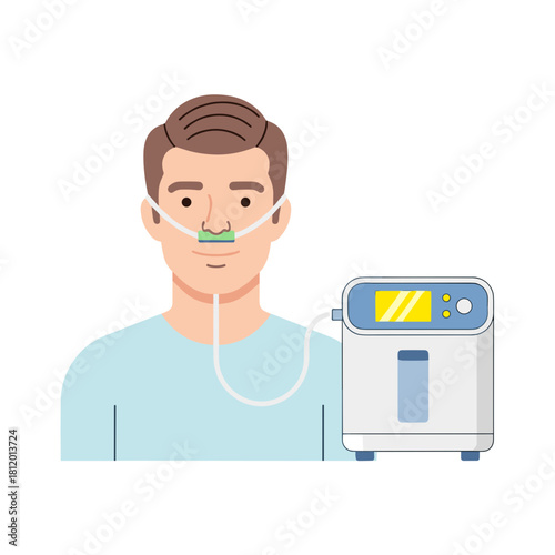 Man using oxygen concentrator with nasal cannula in home setting  