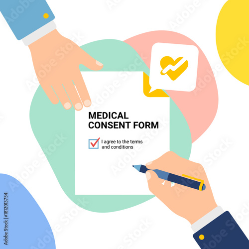 Hands signing medical consent form with checklist and approval icon  