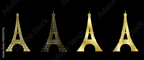 Gold gradient silhouette of Eiffel Tower vector hand drawn illustration. Symbol of Paris. Vintage drawing doodle painted by inks for icon, logo or premium design.