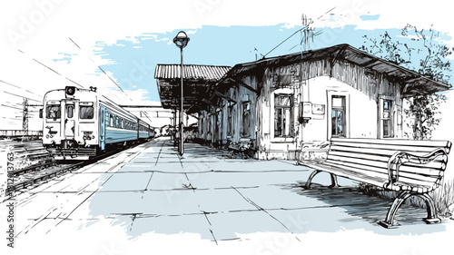 Modern Train Station Illustration with Train and Passengers Traveling