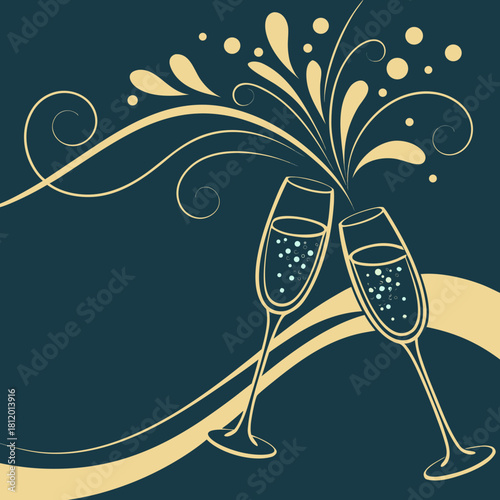 Title: Elegant Champagne Glasses Toast Vector Illustration with Swirls and Bubbles on Dark Background, Perfect for Celebration and New Year