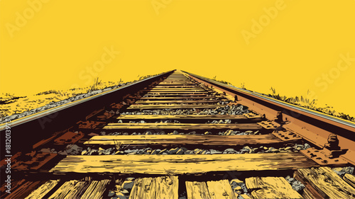 Detailed Drawing of Train Track on Yellow and Brown Background
