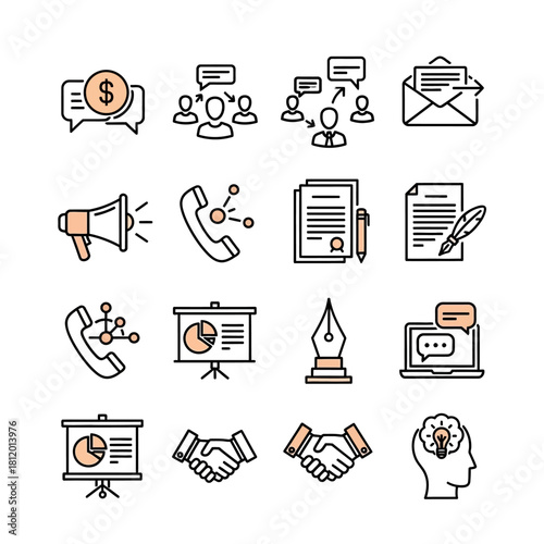 Modern Business and Communication Line Icon Set with Color Accents.