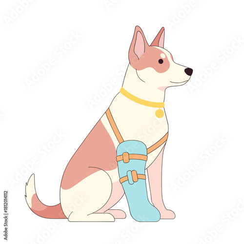 Dog with leg splint sitting calmly in a neutral style  