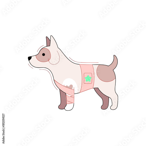 Dog with bandages standing on white background illustrating concept of medicine  