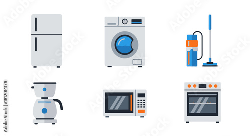 Modern flat design household appliances set - refrigerator, washing machine, vacuum, coffee maker, microwave, oven.
