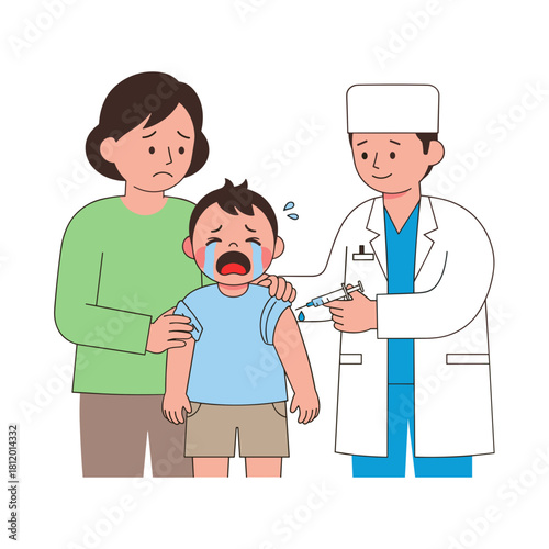 Child crying while receiving vaccine from doctor with parent nearby  