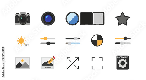 Modern flat design photography and image editing icons set with camera, lenses, filters, and adjustment tools.