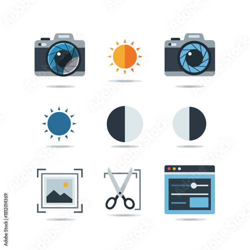 Modern Flat Design Photography and Image Editing Icons Set with Camera, Sun, Crop, and Settings.