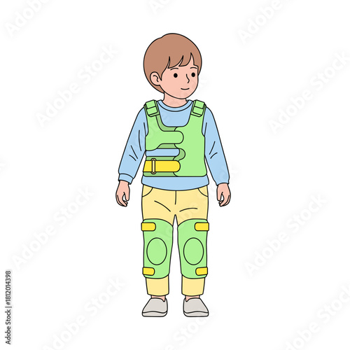 Young boy wearing orthopedic brace and smiling in casual clothing  