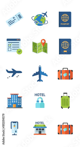 Modern Flat Design Travel and Tourism Icons Collection - Airplanes, Passports, Luggage, Maps, and Hotels.
