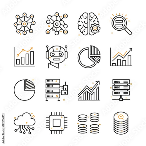 Modern Line Art Icons Set for AI, Data Analytics, Technology, and Cloud Computing Concepts.