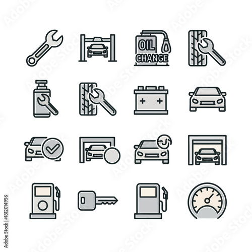 Modern Line Art Icons Set for Automotive Service, Car Repair, and Vehicle Maintenance, Featuring Tools and Parts.