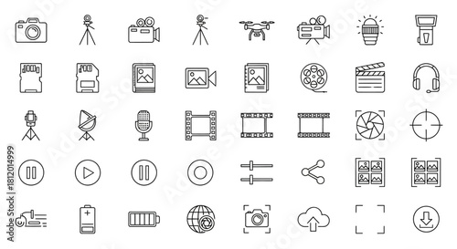Modern Line Art Vector Icons for Photography, Videography, and Media Technology, Featuring Cameras, Drones, and Film.