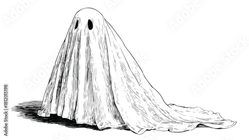 Spooky White Ghost with Bold Black Outline Vector Illustration