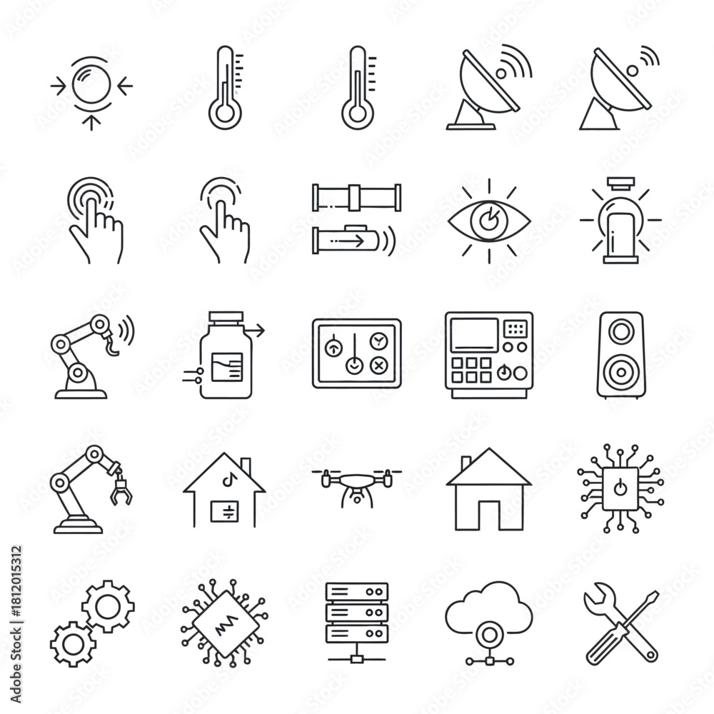 Fototapeta premium Modern Smart Home and IoT Line Icons Set, featuring automation, security, connectivity, and sensor technology symbols.